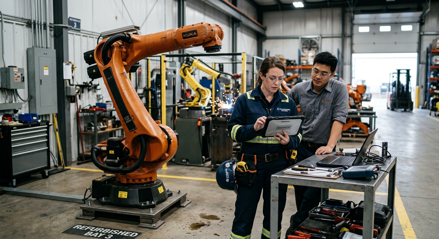 Technician reviewing robot maintenance records beside a refurbished industrial robot