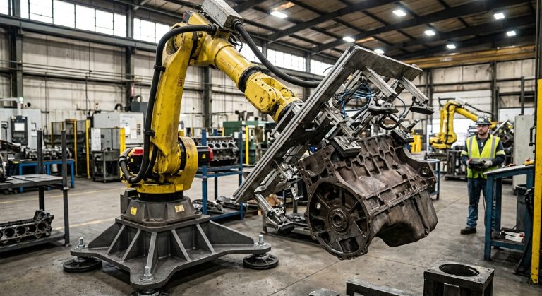 Industrial robot handling a large engine block with an angled gripping system, illustrating shifting center gravity during robotic part handling.