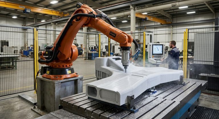 Industrial robot milling a large-format 3D printed component to remove machining allowance and achieve its final surface dimensions.