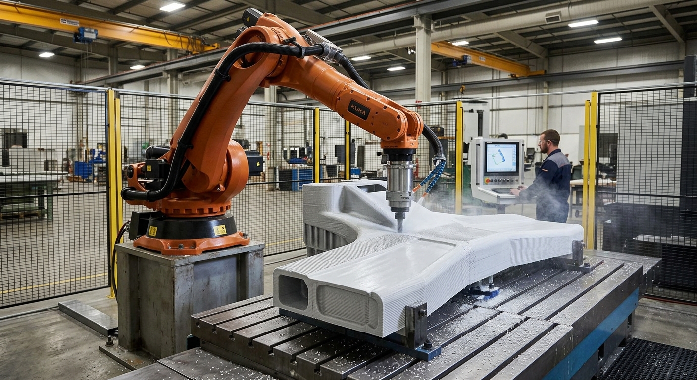 Industrial robot milling a large-format 3D printed component to remove machining allowance and achieve its final surface dimensions.