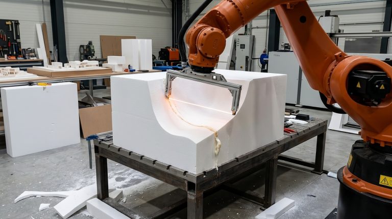 Industrial robot performing robotic hot-wire cutting on a large white architectural foam block, creating a curved profile with a heated wire tool.