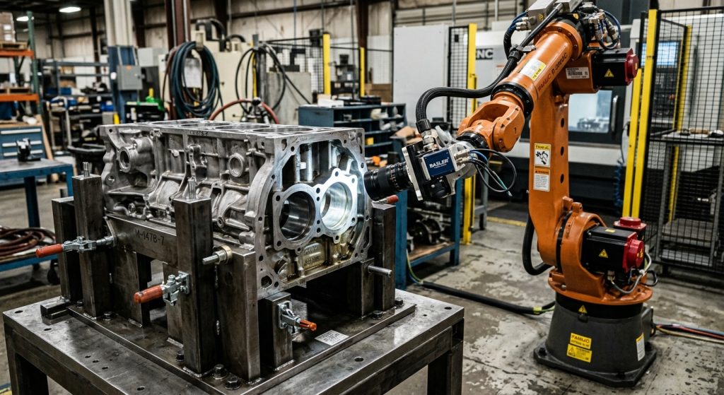 Industrial robot positioning a machine vision inspection camera to examine a large metal component held in a fixed fixture.