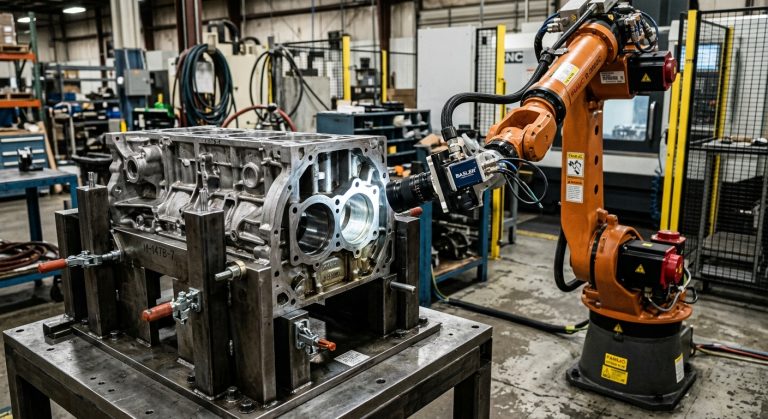 Industrial robot positioning a machine vision inspection camera to examine a large metal component held in a fixed fixture.