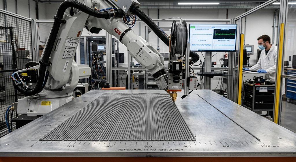 Industrial robotic 3D printer undergoing deposition repeatability testing with an extrusion nozzle depositing parallel material beads.