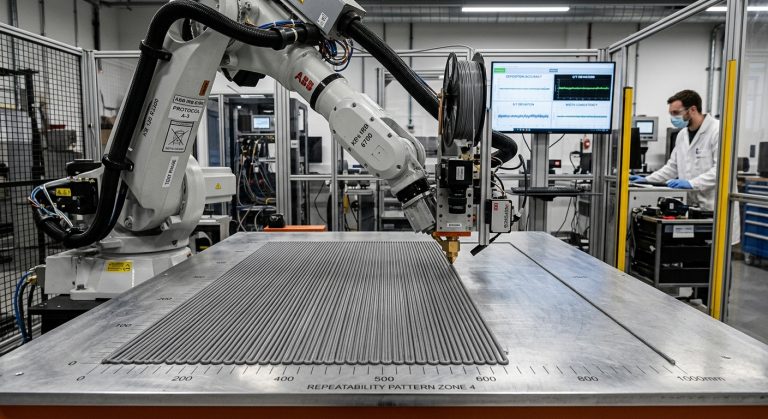 Industrial robotic 3D printer undergoing deposition repeatability testing with an extrusion nozzle depositing parallel material beads.