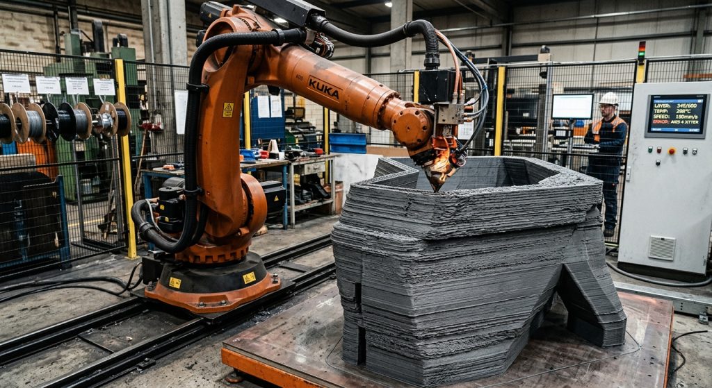 Industrial robotic arm depositing polymer layers during large-format 3D printing, showing the process conditions associated with robotic layer shifting.