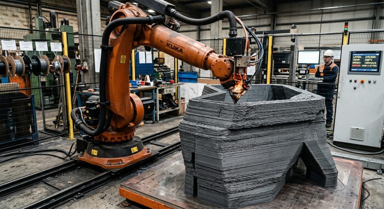 Industrial robotic arm depositing polymer layers during large-format 3D printing, showing the process conditions associated with robotic layer shifting.