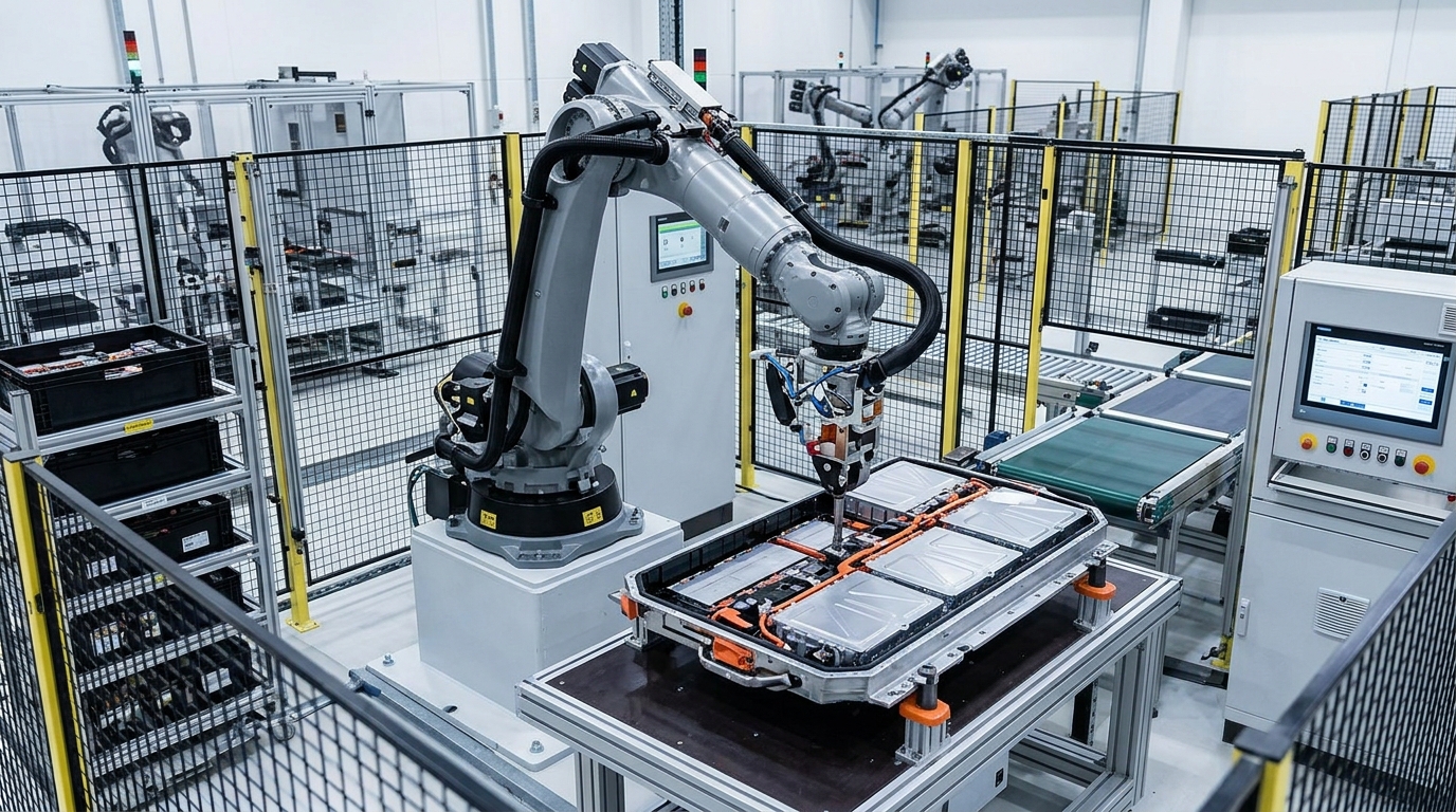 Industrial robotic arm positioned near an electric vehicle battery pack for automated battery pack disassembly in a controlled industrial cell.
