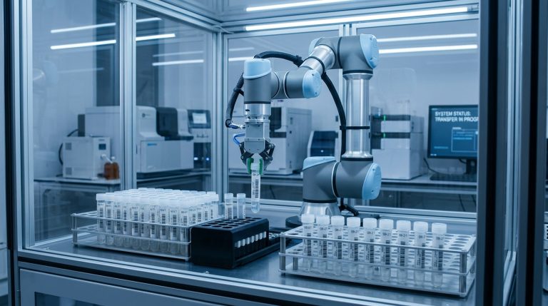 Industrial robotic arm transferring labeled laboratory sample tubes between racks in an automated laboratory workstation.