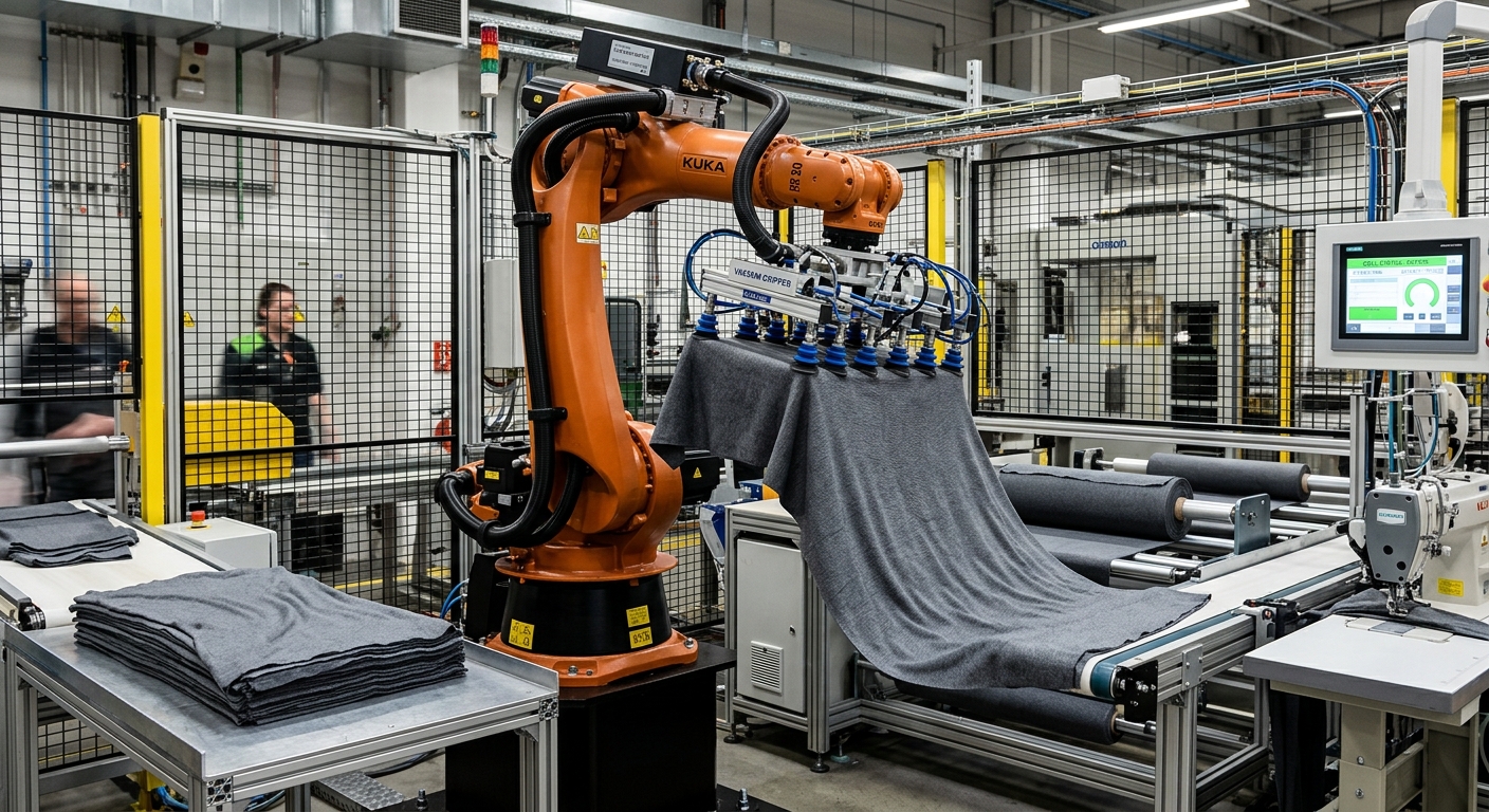 Industrial robotic arm using a vacuum gripper to handle flexible materials in an automated production cell.
