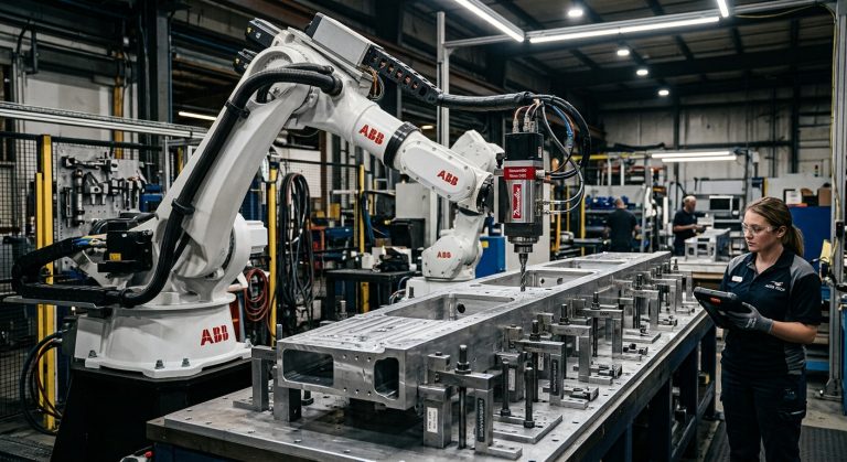 Industrial robotic drilling accuracy system positioning a spindle over a large metal structure with precision fixtures.