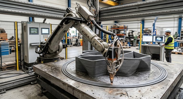 Industrial robotic extruder depositing a material bead along programmed extrusion toolpaths during large-format 3D printing.