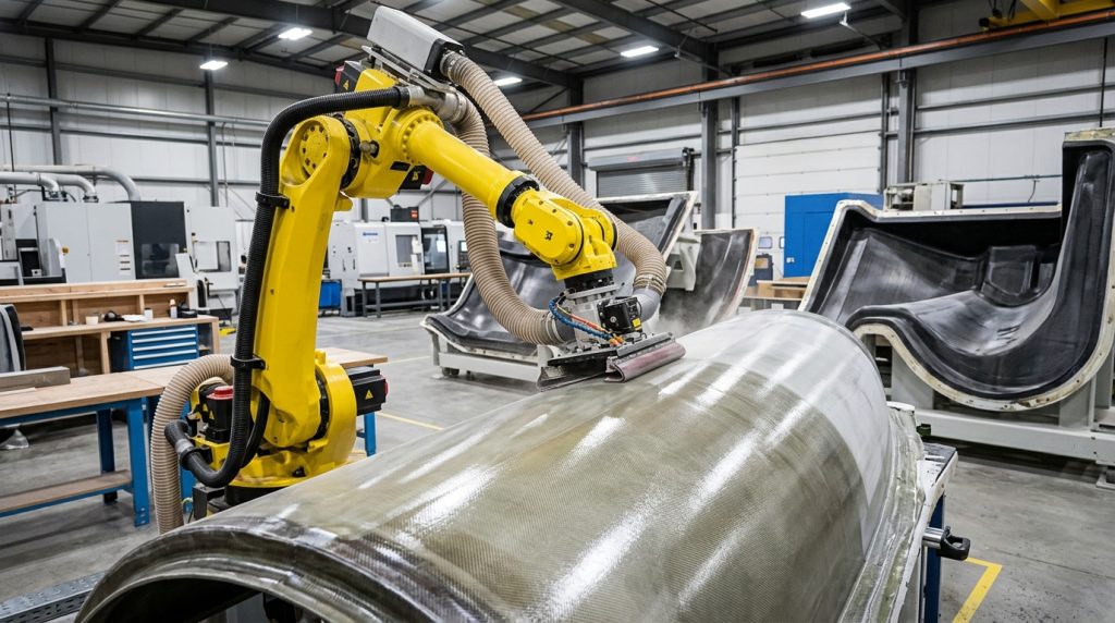 Industrial robotic sanding system finishing the curved surface of a large composite component with an abrasive tool.