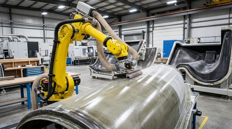 Industrial robotic sanding system finishing the curved surface of a large composite component with an abrasive tool.