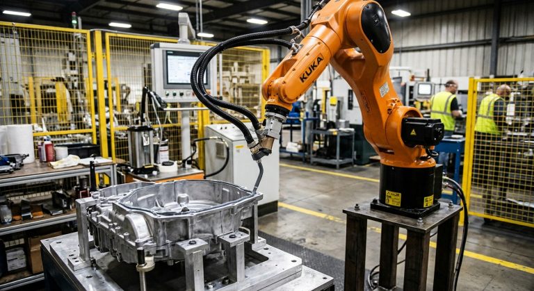 KUKA industrial robot performing robotic adhesive application on an aluminum housing using an automated dispensing nozzle in a manufacturing cell