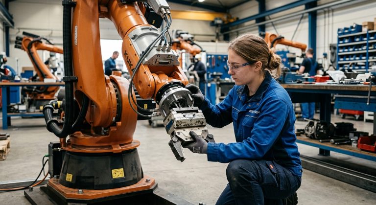 Technician checking refurbished robot tooling compatibility at the wrist flange
